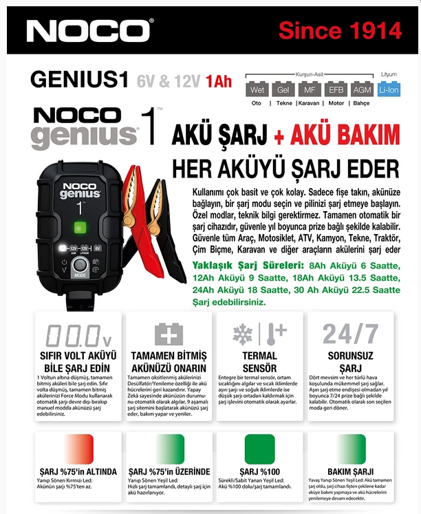 NOCO GENİUS 1 6/12V 1 AMPER AKÜ ŞARJ BAKIM CİHAZI
