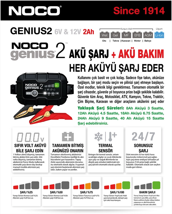 NOCO GENİUS 2X2 16/12V 2 AMPER AKÜ ŞARJ BAKIM CİHAZI