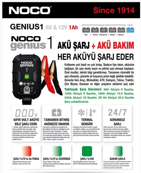 NOCO GENİUS 1 6/12V 1 AMPER AKÜ ŞARJ BAKIM CİHAZI